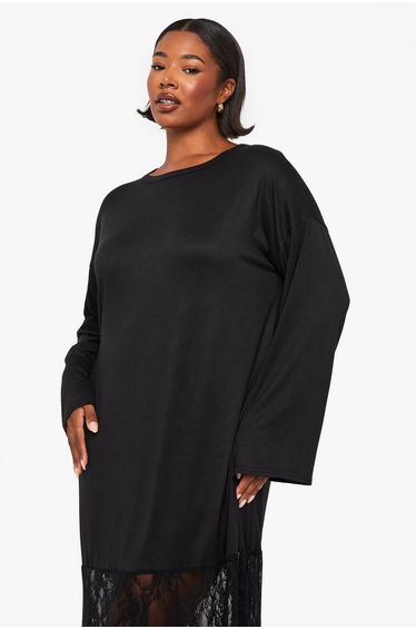 plus long sleeve lace t-shirt dress - black product thumbnail 4
