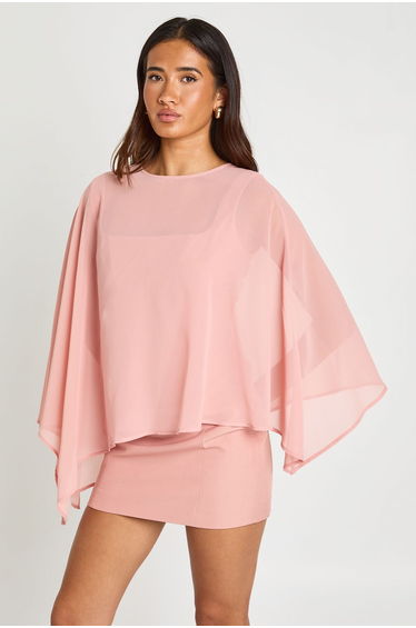 Corset Detail Mini Dress With Chiffon Cape - rose product thumbnail 3