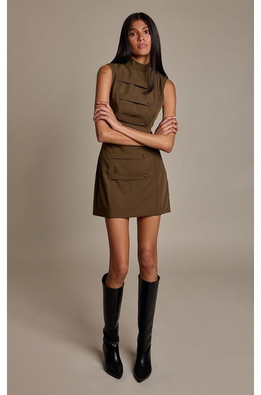 Khaki High Neck Military Strap Detail Bodycon Dress