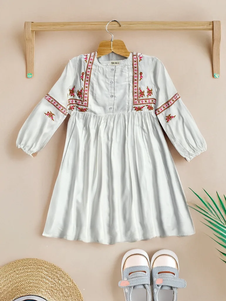 Embroidered Balloon Sleeves Knee-Length Dress