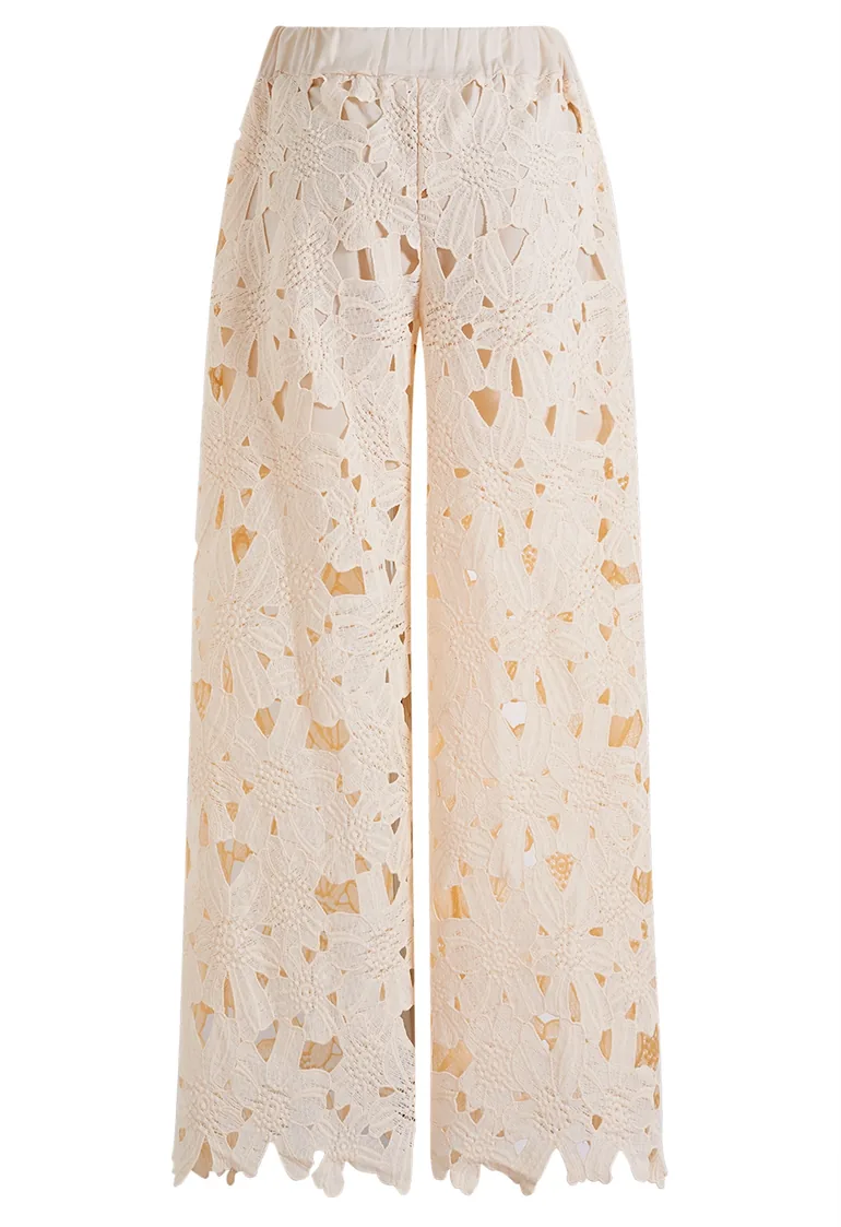 Guipure Lace Crop Shirt and Tie-Waist Pants Set in Apricot for Resort Vacations & Daytime Occasions - 15