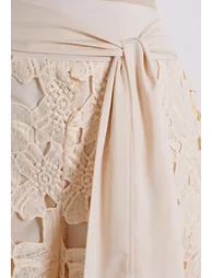 Guipure Lace Crop Shirt and Tie-Waist Pants Set in Apricot for Resort Vacations & Daytime Occasions - 10