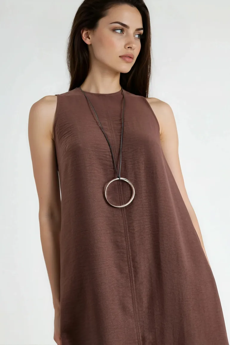 Linen Feel Sleeveless Crew Neck Dress - 2