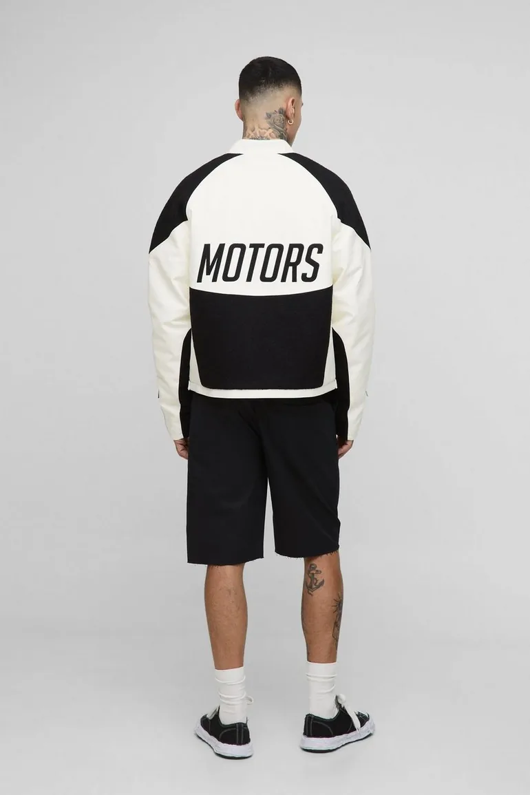 Tall Boxy Pu Contrast Boucle Panel Moto Jacket - black - 1