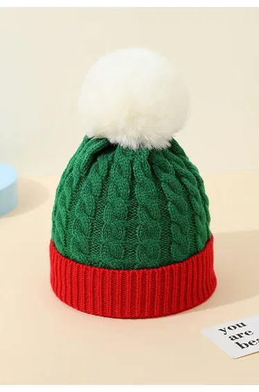 Fuzzy Pom-Pom Braid Knit Beanie Hat in Green