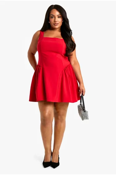 Plus Square Neck Skater Dress - red