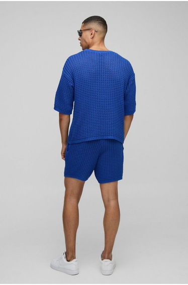 Regular Fit Open Tuck Stitch Knitted Shorts Set - cobalt product thumbnail 2