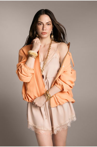 Beige Lace-Trimmed Woven Satin Blouse