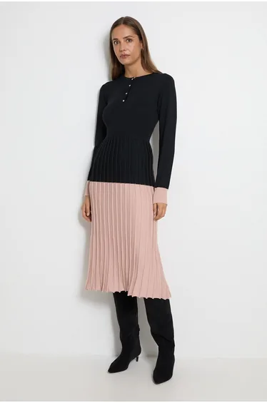 Colourblock Pleated Skirt Midi Knitted Dress