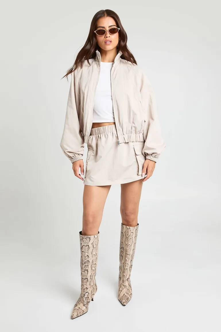 Funnel Neck Bomber Jacket - stone