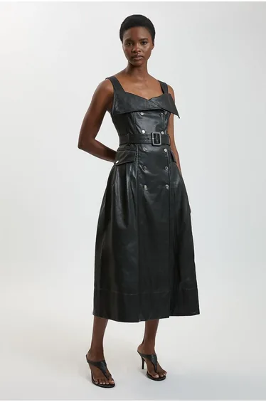 Faux Leather Trench Midi Dress