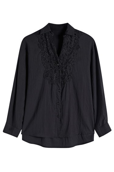 Lace Embellished V-Neck Button Down Shirt in Black for Night Outs & Alternative Styling product thumbnail 2