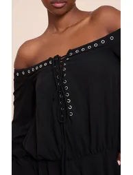 Black Chiffon Long Sleeve Bardot Floaty Playsuit - 3