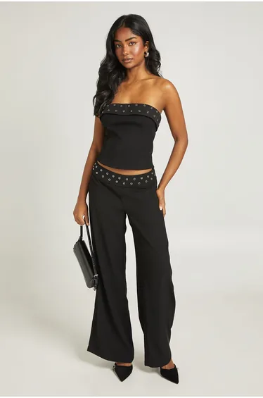 Eyelet Detail Foldover Tailored Bandeau - black