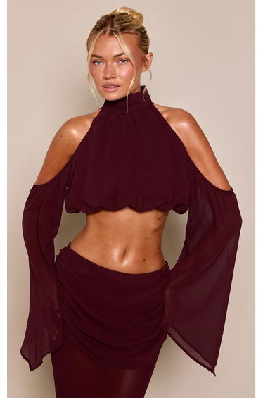 Chocolate Plum Chiffon Cold Shoulder Crop Top Co-ord product thumbnail 2