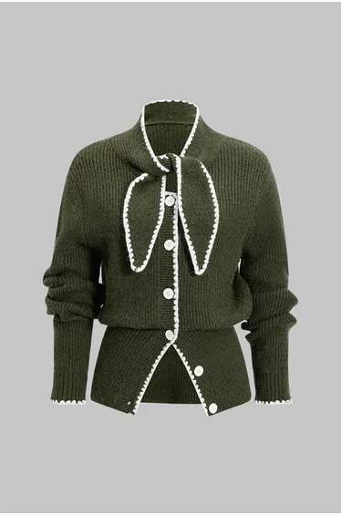 Knit Contrast Button Tie-Up Cardigan