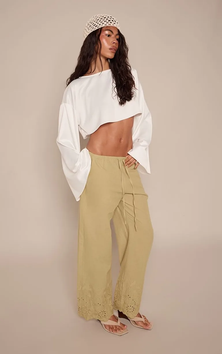 Olive Broderie Detail Drawstring Straight Leg Trouser