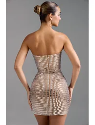 Embellished Bandeau Mini Dress in Almond - 3