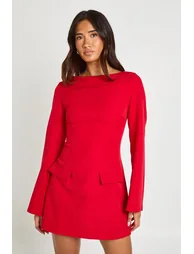 Long Sleeve Slash Neck Tailored Mini Dress - red