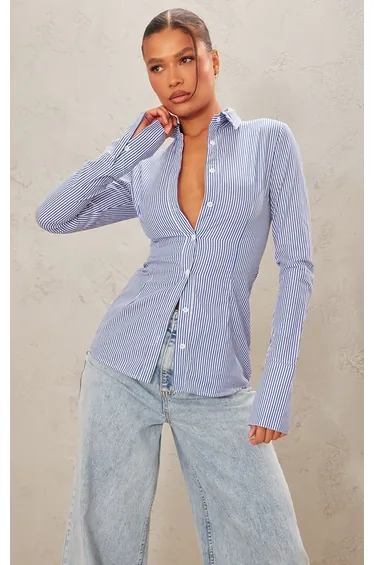 Blue Pinstripe Woven Fitted Shirt