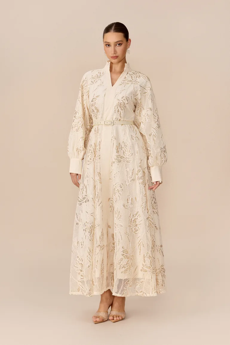 Subtle Glamour Beige Stand Collar Sequin Floral Maxi Dress