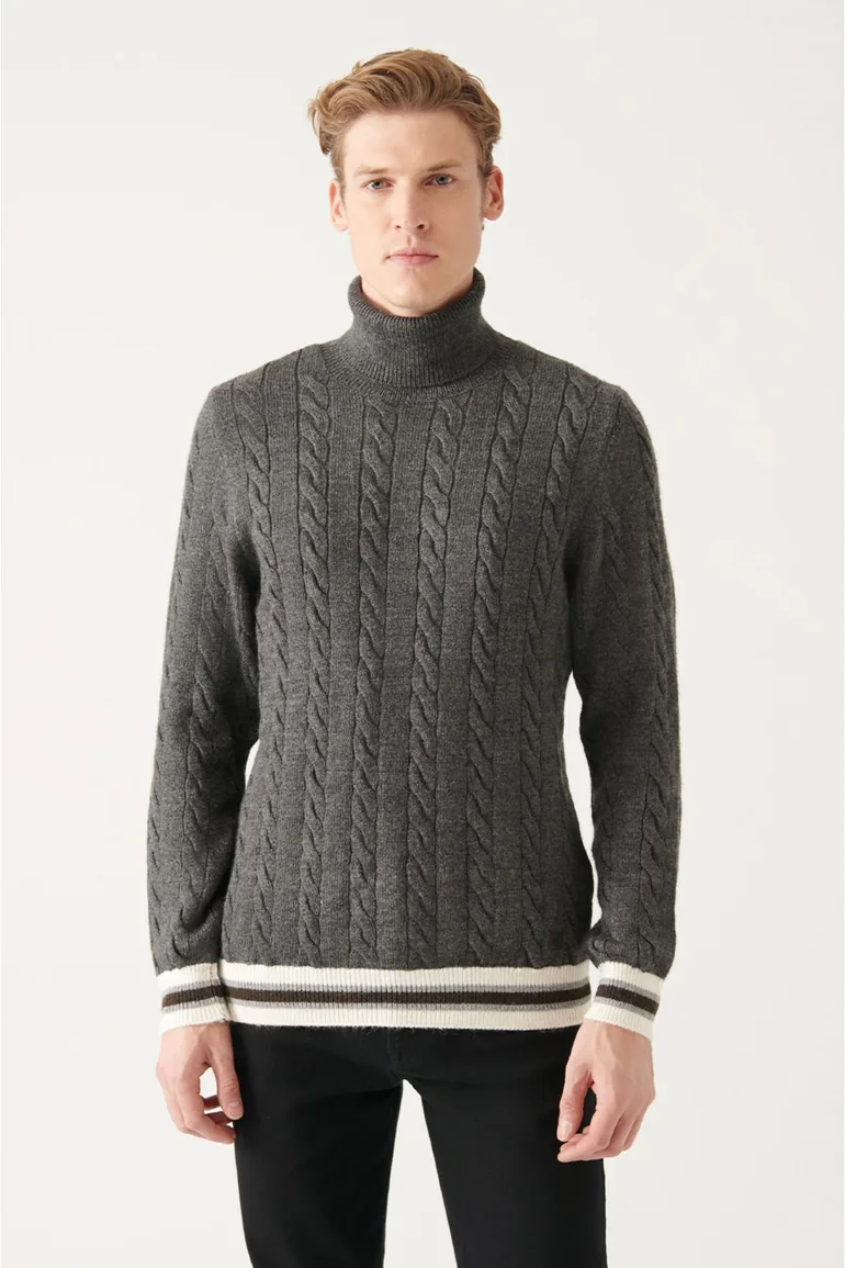 Anthracite Full Turtleneck Hair Braided Standard Fit Normal Cut   Knitwear Sweater - 3