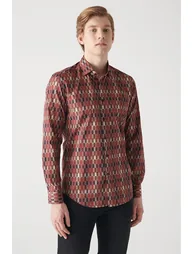 Men's Claret Red with Abstract Pattern 100% Cotton Slim Fit Slim Fit Shirt . - 2