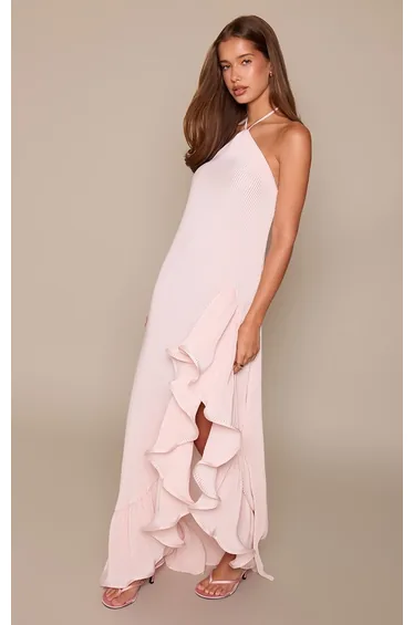 Baby Pink Satin Plisse Frill Detail Maxi Dress