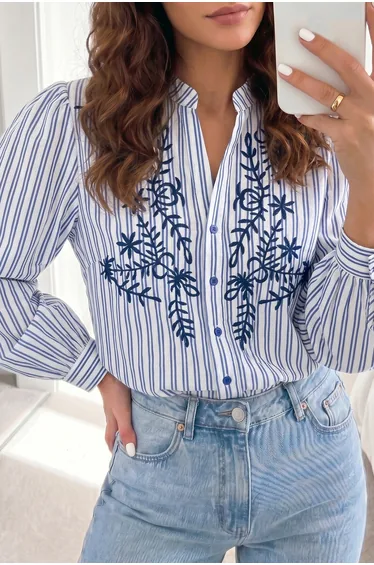 Lvness Blue Stripe Embroidered Detail Button Front Long Sleeve Shirt