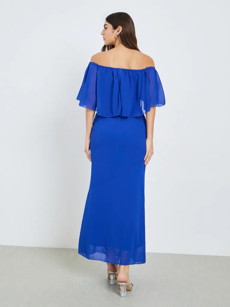 Women Blue Off-Shoulder Sheath Maxi Dress - 4