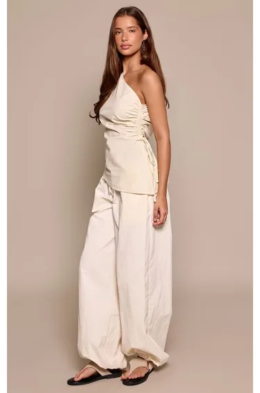 Lemon Cotton Linen Blend Ruched One Shoulder Top