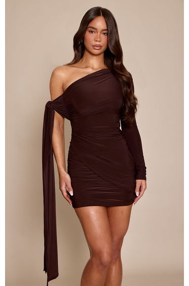 Chocolate Double Layer Slinky One Shoulder Mini Dress product thumbnail 2