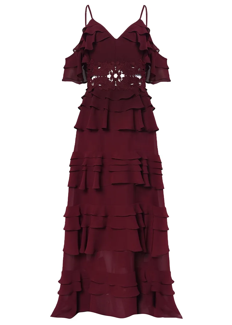 Olivia Burgundy Cold-Shoulder Tiered Ruffle Maxi-Dress - 2