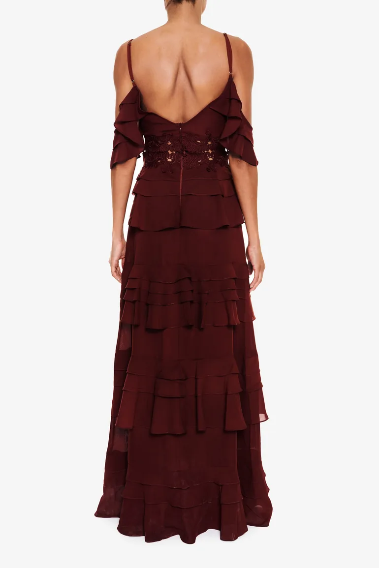 Olivia Burgundy Cold-Shoulder Tiered Ruffle Maxi-Dress - 1