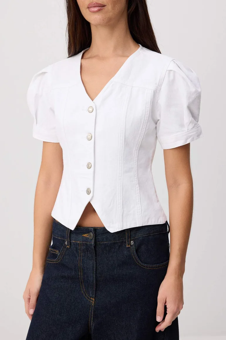 White Short Balloon Sleeve V-Neck Denim Blouse - 2