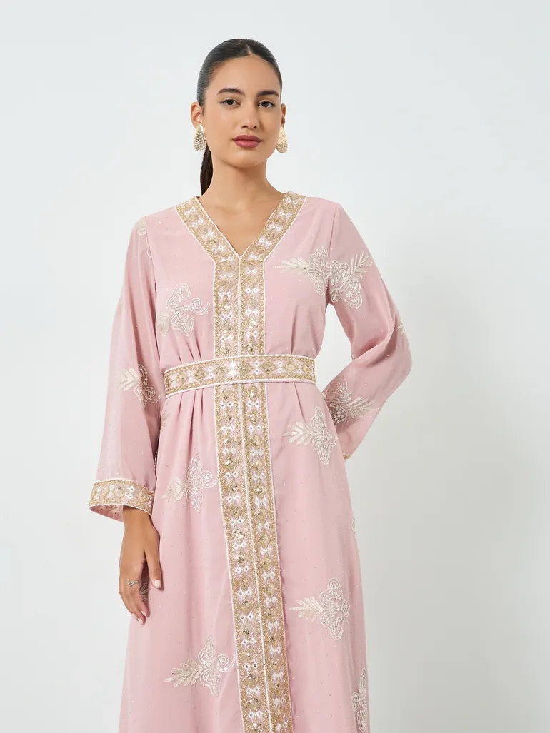 Pink Sequin Embroidered Jalabiya with Tie Belt - 1