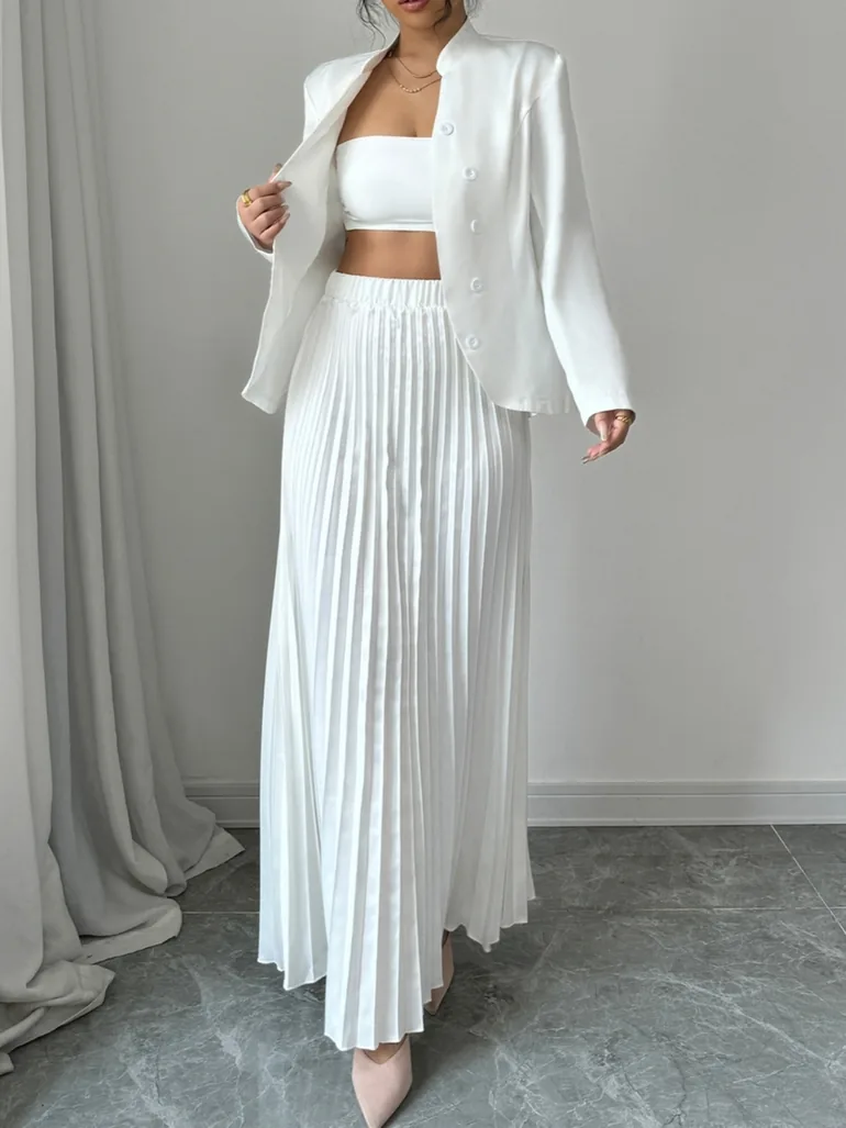 Stand Collar Button Front Blazer and Pleated Skirt Co-Ords - 2