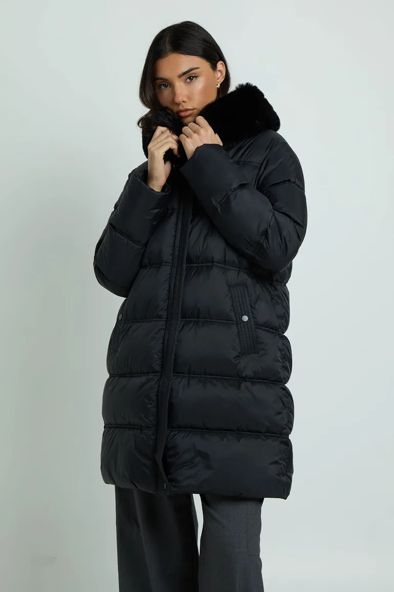 Faux Fur Trim Belted Midi Puffer Jacket - black - 1