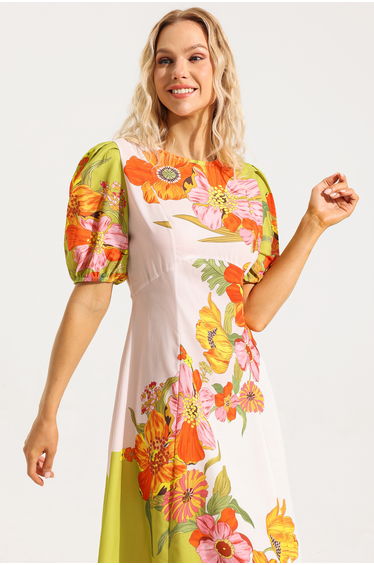 Floral Puff Sleeve Round Neckline Dress product thumbnail 4