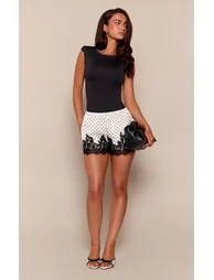 White Polka Dot Satin Lace Hem Shorts