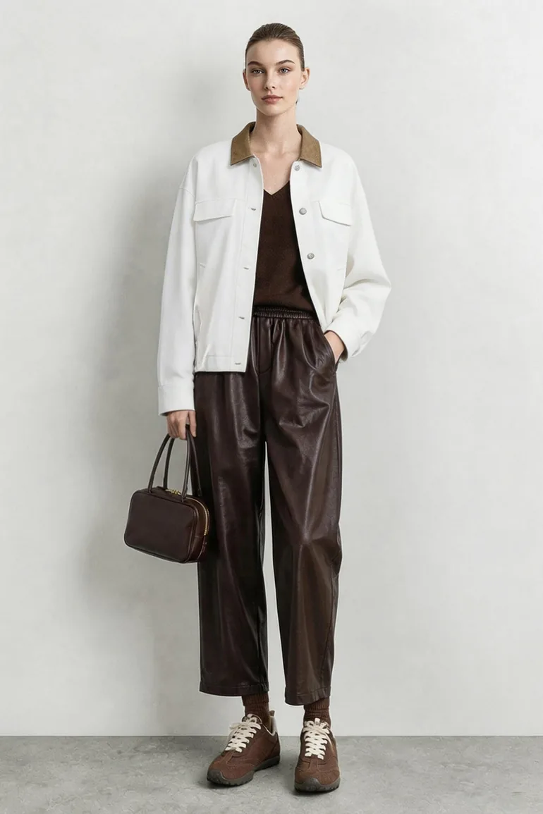 Color-Block Leather Lapel Jacket - 3