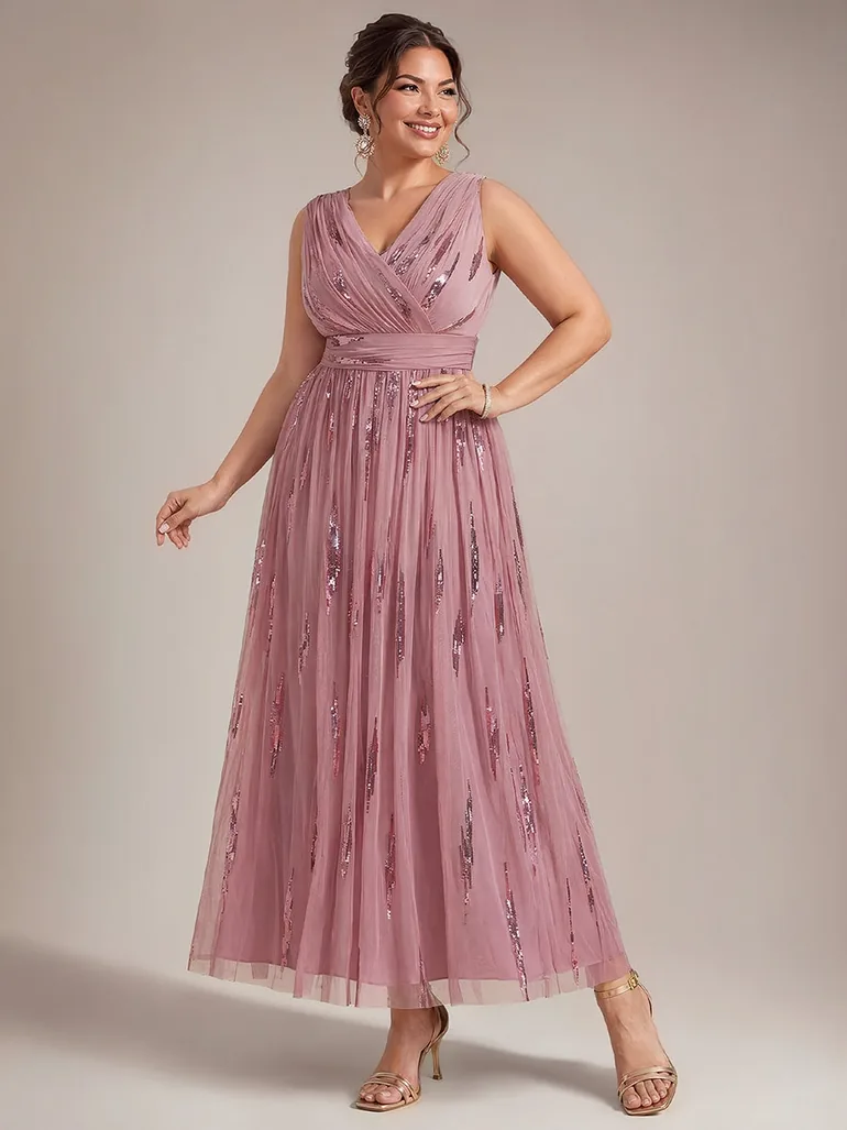Tulle Sequin Sleeveless A-Line Evening Dress - 8