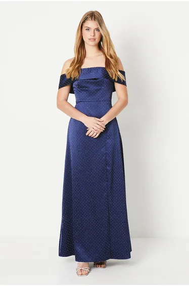 Debut London by Coast Bardot Satin Diamante Prom Dress - navy