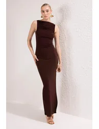 Brown Straight Shirring / Drape Knitted Sandy Maxi Evening Dress & Graduation Dress