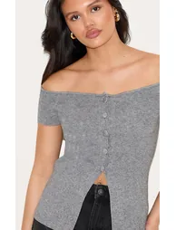 Ash Grey Rib Knit Button Up Bardot Split Hem Top - 5