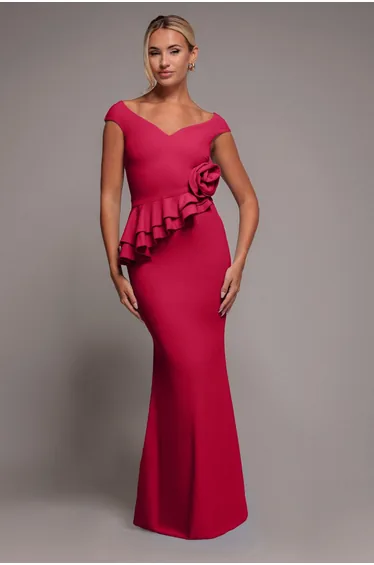 Goddiva Scuba Crepe Rose Frill Maxi Dress - Magenta