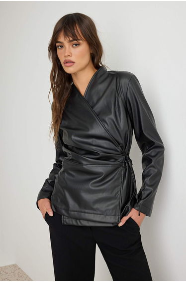 Black Wrap-Around Faux Leather Blazer Jacket product thumbnail 2