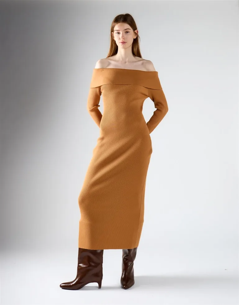 Tan Bardot Knitted Maxi Dress