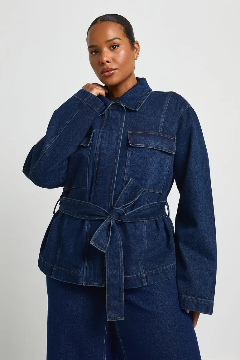 Plus Belted Denim Utility Jacket - indigo - 1