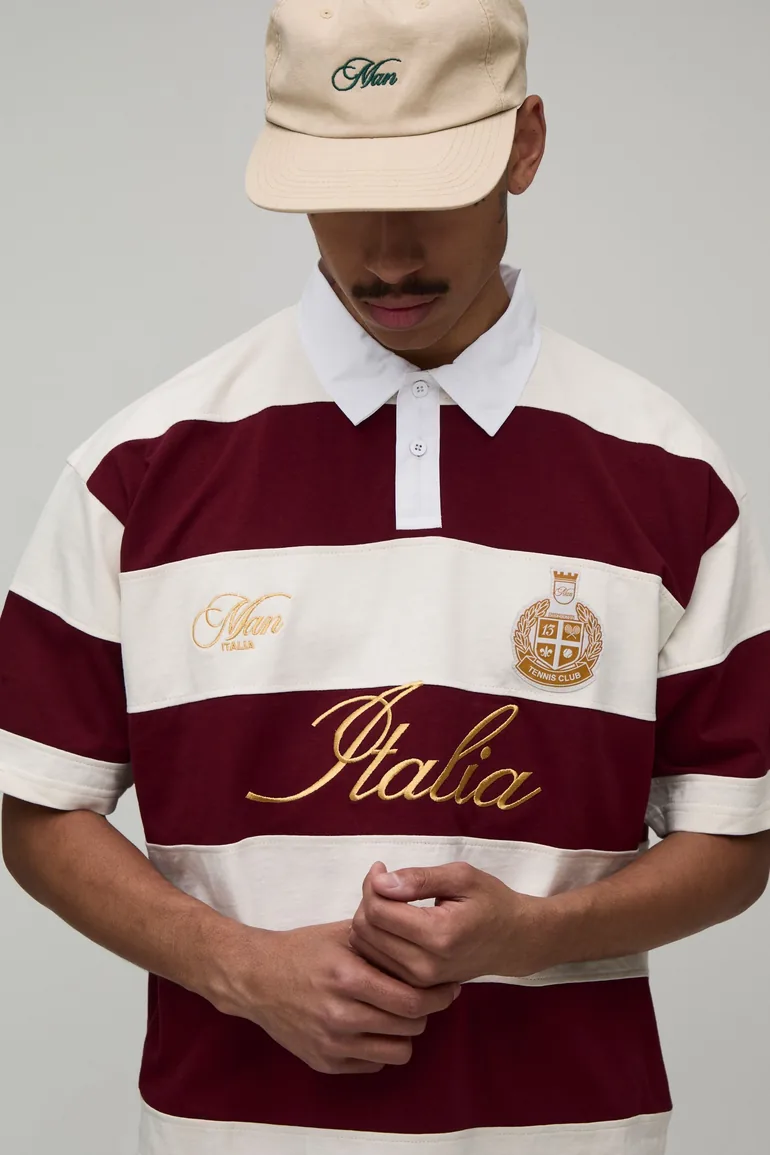 Oversized Boxy Half Sleeve Italia Embroidered Stripe Rugby Polo - burgundy
